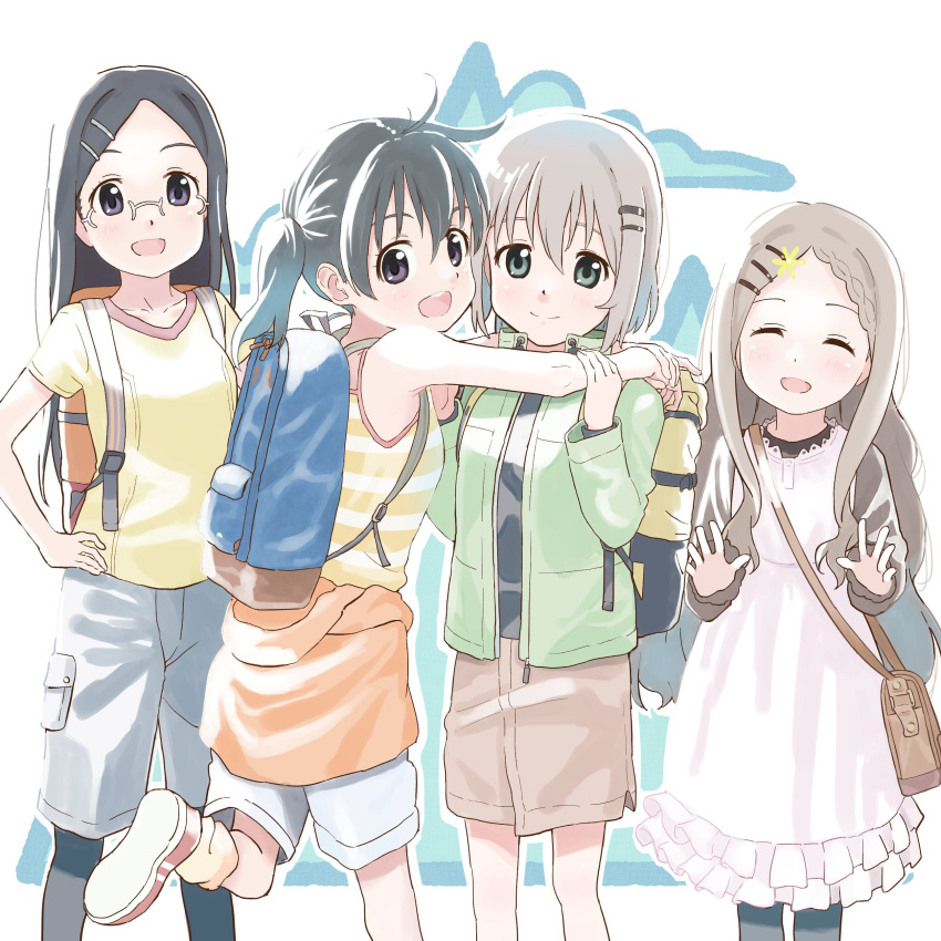 4girls absurdres aoba_kokona backpack bag black_hair closed_eyes dress glasses grey_hair highres hug jacket kuraue_hinata long_hair looking_at_viewer multiple_girls open_mouth saitou_kaede_(yama_no_susume) shinkun_(natsume_so) short_hair skirt smile twintails yama_no_susume yukimura_aoi