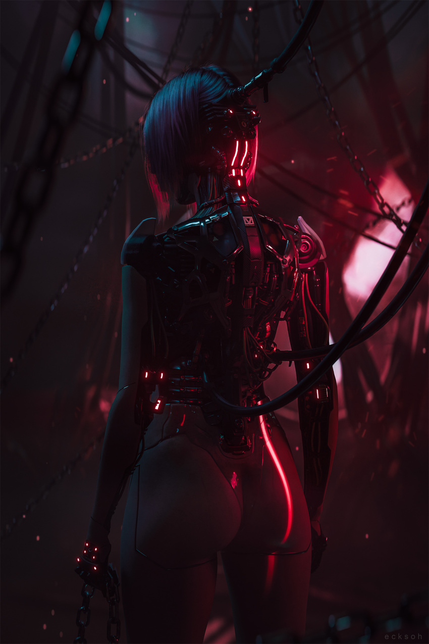 1girl 3d arms_at_sides ass back blender_(medium) cable chain clenched_hand cyberpunk_(series) cyberpunk_2077 cyborg ecksoh feet_out_of_frame from_behind highres holding holding_chain mechanical_arms mechanical_head mechanical_parts mechanical_spine red_theme short_hair solo songbird_(cyberpunk) standing