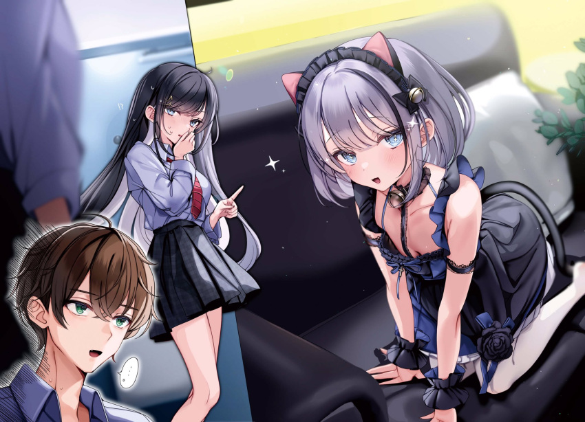 ... 1boy 2girls all_fours animal_ears bell black_dress black_hair blue_eyes blush breasts brown_hair cat_ears cleavage collared_shirt couch dress fake_animal_ears green_eyes grey_hair hair_bell hair_ornament highres indoors kyouno_tsukiko long_hair multiple_girls natsume_yukiji neck_bell necktie novel_illustration official_art open_mouth pantyhose shirt short_hair shoujo_jian skirt small_breasts smile speech_bubble spoken_ellipsis textless_version white_pantyhose wrist_cuffs yukimi_fumika yunmi_0527