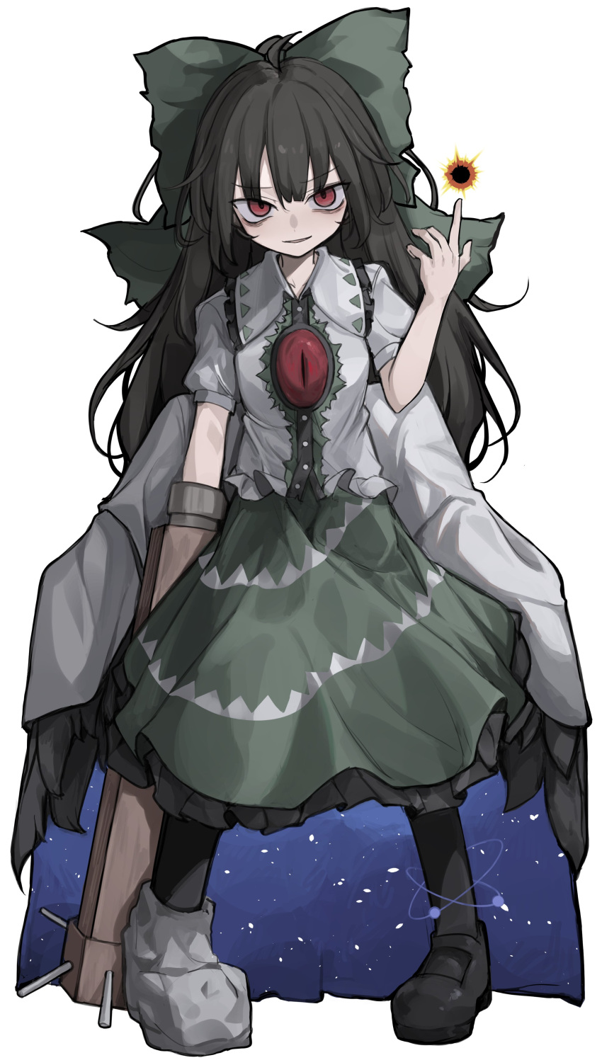 1girl absurdres arm_cannon asymmetrical_footwear black_hair black_socks black_wings bow collar collared_shirt commentary_request eclipse frilled_collar frilled_shirt_collar frilled_skirt frills full_body green_bow green_skirt hair_bow hand_up highres hisha_(kan_moko) long_hair looking_at_viewer mismatched_footwear puffy_short_sleeves puffy_sleeves red_eyes reiuji_utsuho shirt short_sleeves simple_background skirt smile socks solo starry_sky_print third_eye touhou very_long_hair weapon white_background white_shirt wings