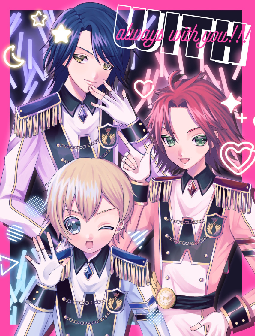 3boys :d blonde_hair blue_eyes blue_hair border closed_mouth commentary crescent english_commentary epaulettes fingerless_gloves gloves glowstick group_name hand_on_own_hip hand_up highres idol_clothes idol_time_pripara index_finger_raised jacket long_sleeves looking_at_viewer male_focus mitaka_asahi multiple_boys one_eye_closed open_mouth penlight_(glowstick) pink_border pretty_series pripara red_hair short_hair smile takase_koyoi upper_body white_gloves white_jacket yellow_eyes yumekawa_shogo yuni_(ramm_sweet)