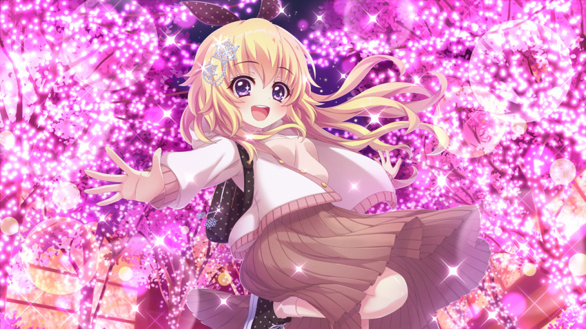 1girl :d backpack bag black_bag black_bow black_footwear blonde_hair bow breasts brown_skirt christmas christmas_lights dot_nose film_grain game_cg hair_bow hair_ornament hasegawa_mii izumi_tsubasu jacket lens_flare long_hair long_sleeves looking_at_viewer night night_sky non-web_source official_art open_clothes open_jacket open_mouth outdoors outstretched_arms polka_dot polka_dot_bag polka_dot_bow polka_dot_footwear purple_eyes re:stage! shirt shoes skirt sky small_breasts smile snowflake_hair_ornament socks solo sparkle sparkling_eyes spread_arms standing standing_on_one_leg star_(sky) starry_sky teeth tree upper_teeth_only white_jacket white_shirt white_socks
