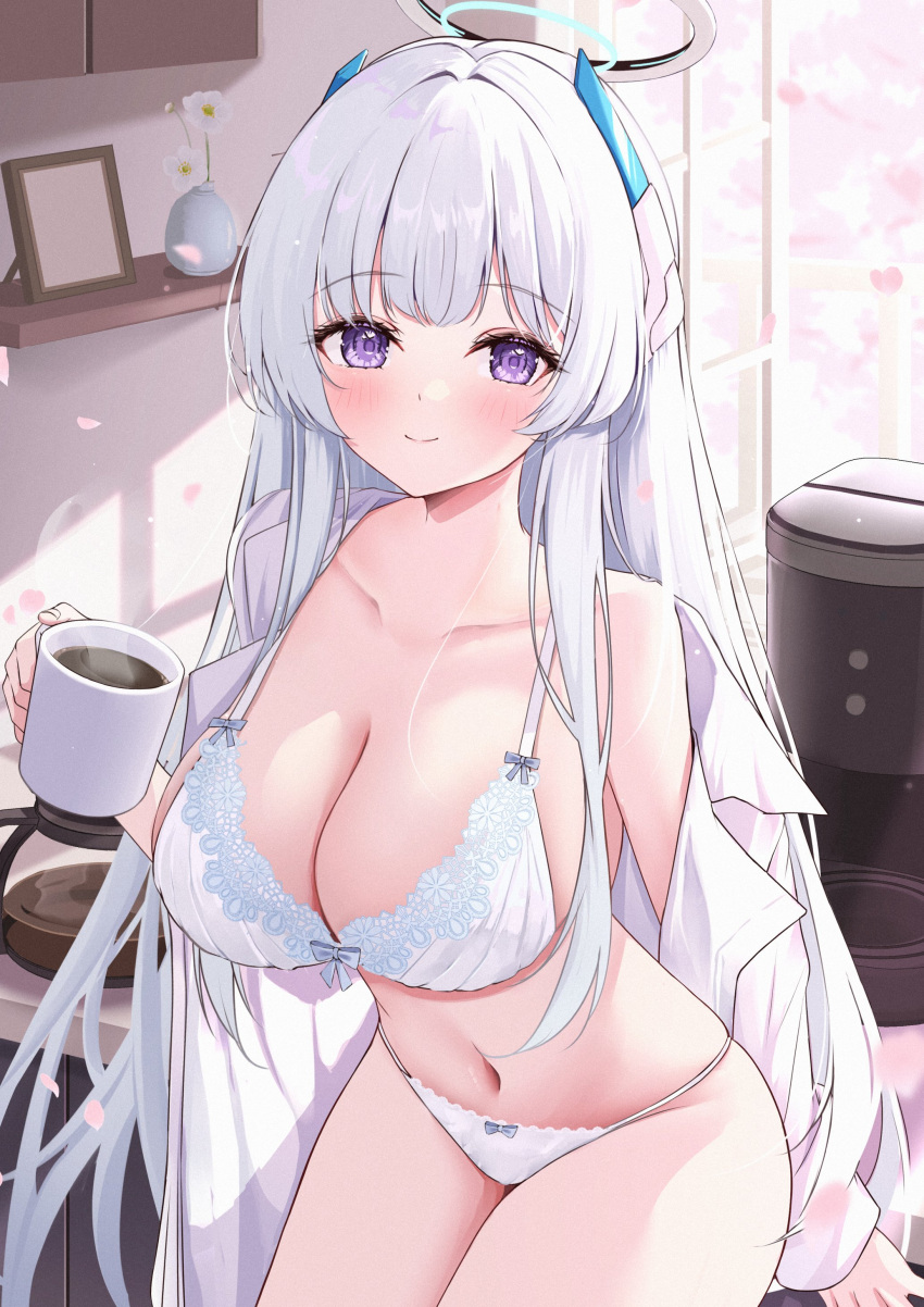 1girl absurdres balut_(7676i) blue_archive blush bra breasts coffee coffee_mug collarbone cup halo highres holding holding_cup indoors large_breasts long_hair long_sleeves looking_at_viewer mug navel noa_(blue_archive) open_clothes open_shirt panties purple_eyes shirt smile solo underwear white_bra white_hair white_panties white_shirt