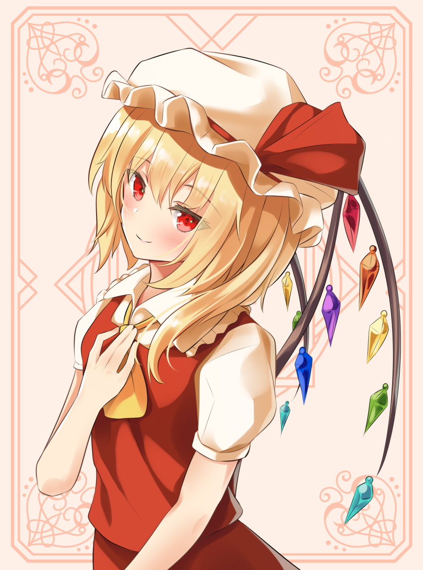 1girl absurdres blonde_hair blush border closed_mouth commentary_request crystal crystal_wings eyes_visible_through_hair flandre_scarlet frilled_hat frilled_shirt_collar frills hand_on_own_chest hat hat_ribbon head_back highres long_hair looking_at_viewer mob_cap ornate_border partial_commentary pink_background puffy_short_sleeves puffy_sleeves red_eyes red_ribbon red_vest ribbon shirt short_sleeves smile solo standing sunny_(20597521) touhou upper_body vest white_hat white_shirt wings