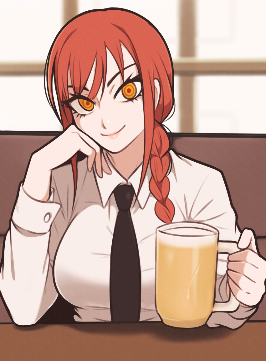 1girl absurdres beer_mug black_necktie braid breasts chainsaw_man closed_mouth collared_shirt cup highres holding holding_cup jeff_miga large_breasts lips long_sleeves looking_at_viewer makima_(chainsaw_man) medium_hair mug necktie orange_eyes ringed_eyes shirt single_braid sitting smile solo white_shirt