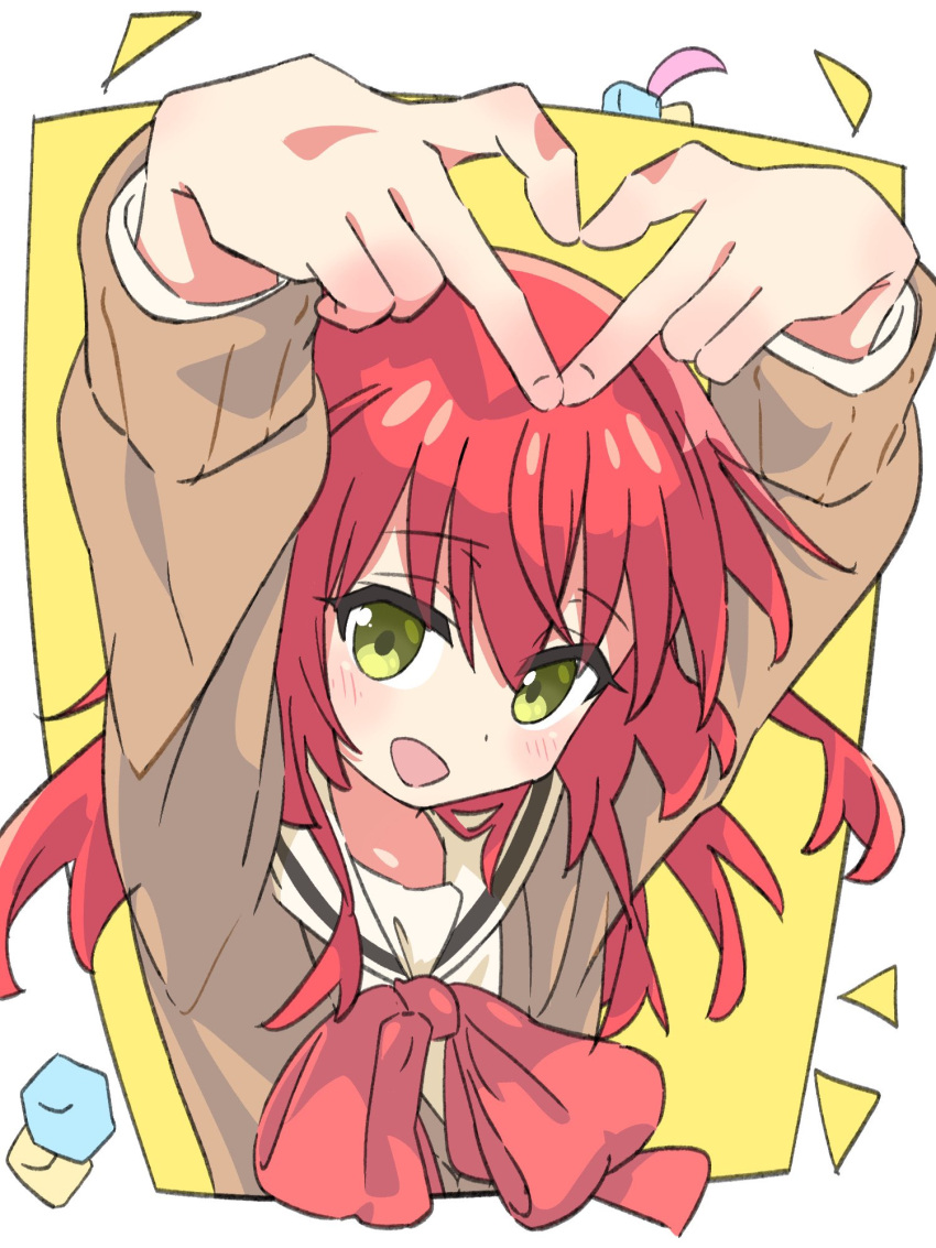 1girl :d arms_up bocchi_the_rock! border bow bowtie brown_cardigan cardigan commentary cube_hair_ornament dot_nose floating_hair gotoh_hitori hair_between_eyes hair_ornament happy heart heart_hands highres kita_ikuyo light_blush long_hair long_sleeves looking_at_viewer one_side_up red_bow red_bowtie red_hair school_uniform shuka_high_school_uniform simple_background sinpasinsy sleeve_cuffs smile solo standing through_medium two-tone_background white_border yellow_background