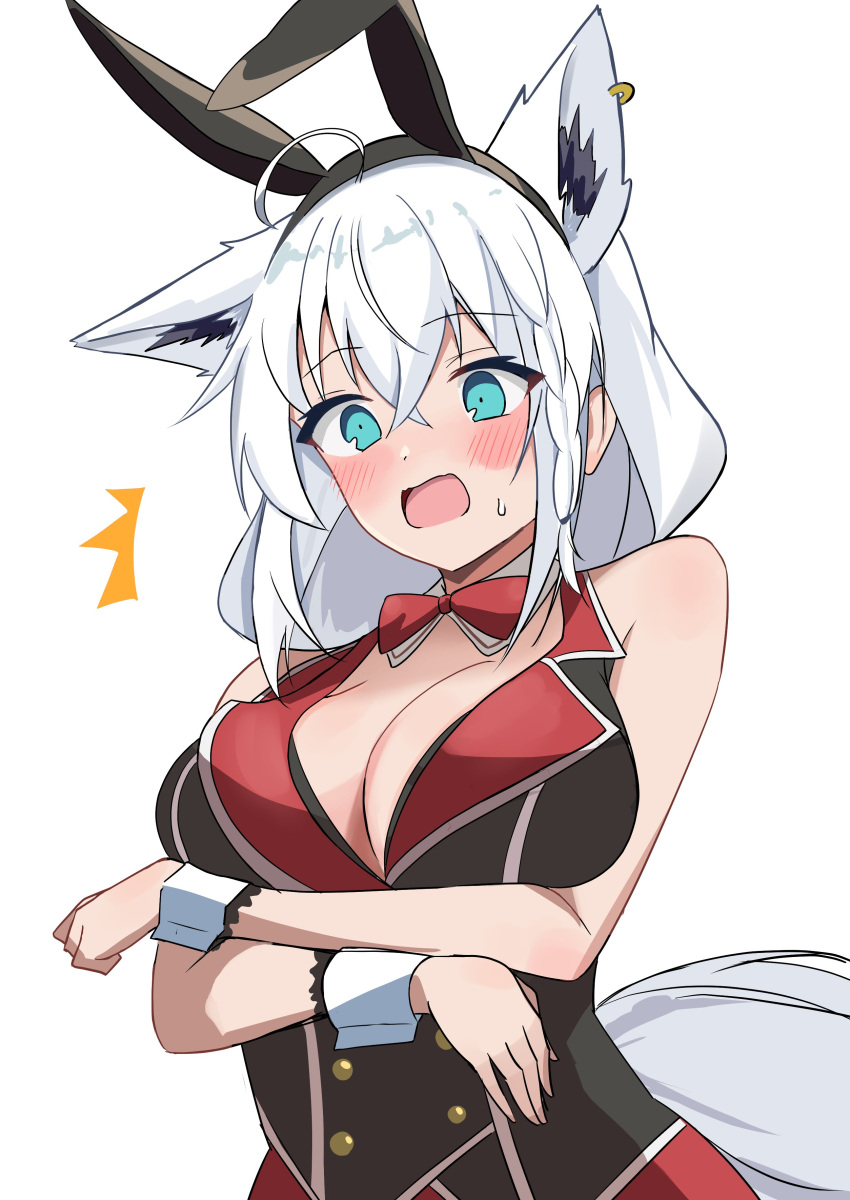1girl ^^^ absurdres ahoge animal_ear_fluff animal_ears blush braid breast_lift breasts bunny_garden cleavage commentary_request cosplay earrings extra_ears fake_animal_ears fox_ears fox_girl fox_tail green_eyes hair_between_eyes highres hololive jewelry kana_(bunny_garden) kana_(bunny_garden)_(cosplay) long_hair looking_at_viewer medium_breasts open_mouth rabbit_ears shirakami_fubuki shirokuma_pino shirt sidelocks simple_background single_braid sleeveless sleeveless_shirt solo sweatdrop tail virtual_youtuber white_background white_hair wrist_cuffs