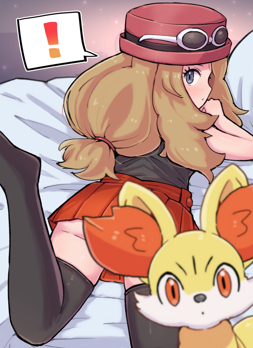 ! 1girl ass blonde_hair blurry blurry_foreground blush closed_mouth eyelashes eyewear_on_headwear fennekin grey_eyes hat highres kutabireta_neko long_hair looking_back low-tied_long_hair lying on_stomach pleated_skirt pokemon pokemon_(creature) pokemon_xy serena_(pokemon) shirt skirt sleeveless sleeveless_shirt spoken_exclamation_mark sunglasses thighhighs white-framed_eyewear