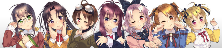 6+girls absurdres ahoge black_hair blazer blonde_hair blue_jacket book braid chikage_(sister_princess) cupping_hands curly_hair folded_ponytail glasses goggles goggles_on_head hands_on_own_face haruka_(sister_princess) highres hinako_(sister_princess) jacket kashiwagi_sumika long_hair looking_at_viewer marie_(sister_princess) multiple_girls one_eye_closed own_hands_together pink_jacket purple_eyes purple_hair red_eyes red_hair red_shirt rinrin_(sister_princess) school_swimsuit shirayuki_(sister_princess) shirt short_hair sidelocks simple_background single_braid sister_princess smile swimsuit twintails two_side_up w_arms white_background wide_image yellow_jacket yotsuba_(sister_princess)