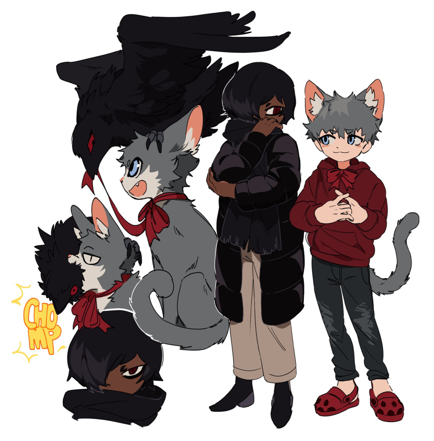 2boys :3 animal_ear_fluff animal_ears animalization bird black_coat black_hair black_pants black_scarf blue_eyes brown_eyes brown_pants cat cat_boy cat_ears cat_tail closed_mouth coat crocs crow dark-skinned_male dark_skin deviidog0 english_commentary english_text full_body grey_hair hair_over_one_eye hands_up highres hood hood_down hoodie light-skinned_palms long_sleeves looking_at_another male_focus multiple_boys neck_ribbon original own_hands_together pants rabbit+tank_form_(black_hazard) red_eyes red_footwear red_hoodie ribbon scarf short_eyebrows short_hair sound_effects standing tail very_dark_skin very_short_hair white_background