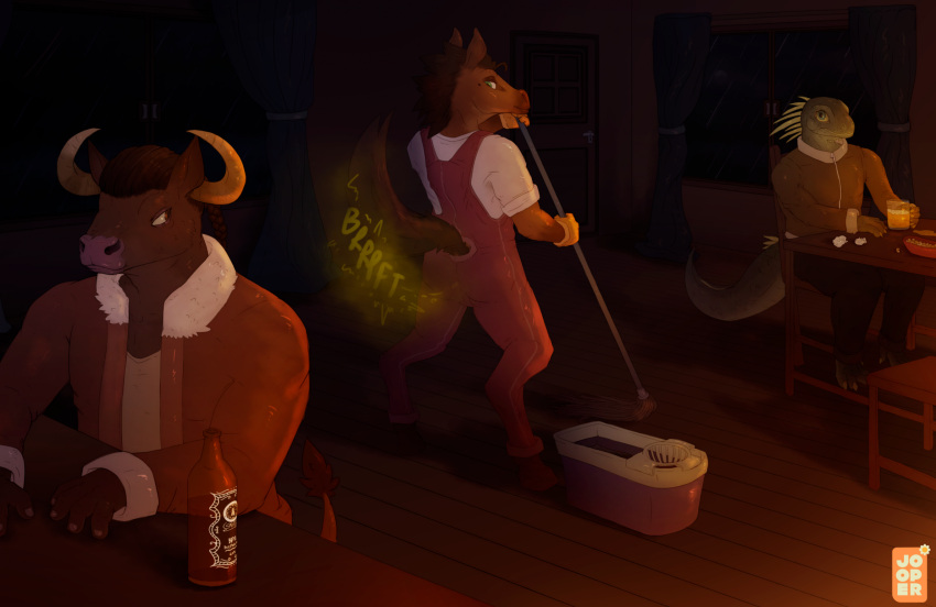 alcohol anthro being_watched beverage bovid bovine cattle cleaning cleaning_tool clothed clothing equid equine eye_contact fart fully_clothed gloves group handwear hi_res hooves horn horse iguana iguanid inside jacket janitor jooper light lighting lizard looking_at_another looking_back male male/male mammal mop mopping onomatopoeia overalls raised_tail reptile scalie sitting sound_effects standing stare tail text topwear