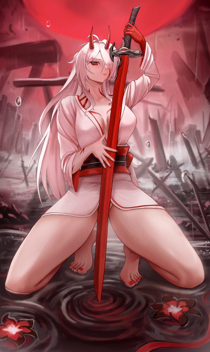 1girl absurdres acheron_(honkai:_star_rail) ahoge bare_legs barefoot blood blood_from_eyes body_markings breasts cleavage covering_crotch covering_privates crotch flower groin hair_over_one_eye highres holding holding_sword holding_weapon honkai:_star_rail honkai_(series) horns japanese_clothes katana kimono kneeling kneeling_on_liquid large_breasts long_hair looking_at_viewer markings moon multiple_torii nail_polish no_panties obi official_alternate_color official_alternate_costume parted_lips planted planted_sword puppnet rain red_eyes red_flower red_horns red_moon red_nails ripples sash solo sword thighs toenail_polish toenails torii water water_drop weapon white_hair white_kimono