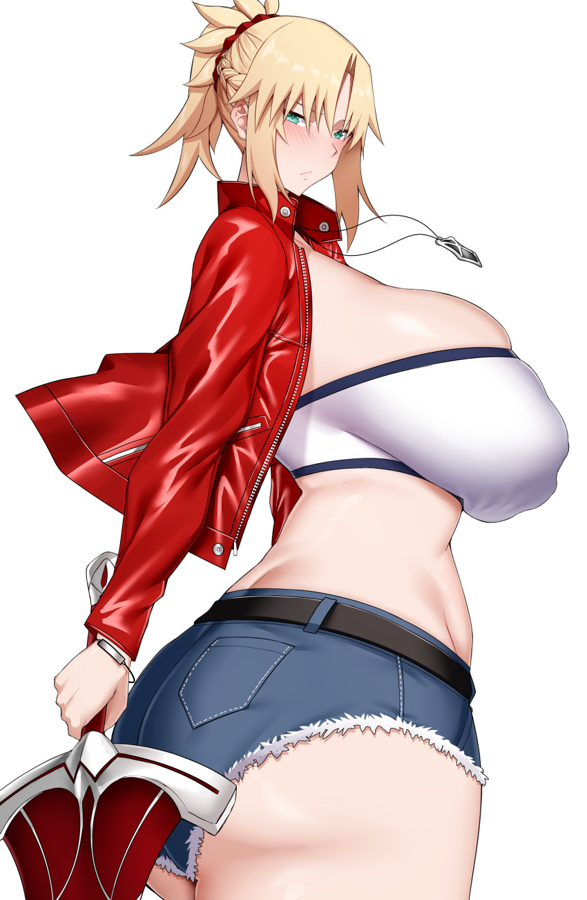 1girl arind_yudha ass bandeau belt blonde_hair blue_shorts blush braid breasts clarent_(fate) cutoffs denim denim_shorts fate/apocrypha fate/grand_order fate_(series) french_braid green_eyes highres huge_breasts jacket jewelry long_hair long_sleeves looking_at_viewer mordred_(fate) mordred_(fate/apocrypha) mordred_(memories_at_trifas)_(fate) necklace open_clothes open_jacket parted_bangs ponytail red_jacket short_shorts shorts sidelocks solo sword thighs weapon