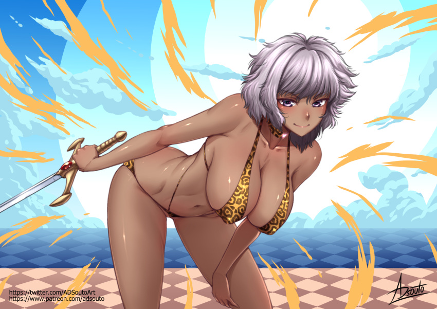 1girl adsouto animal_print bikini breasts character_request collarbone covered_nipples cutie_honey cutie_honey_universe dark-skinned_female dark_skin grey_hair hand_on_own_thigh highres holding holding_sword holding_weapon large_breasts leaning_forward leopard_print looking_at_viewer navel purple_eyes short_hair signature smile solo swimsuit sword variant_set weapon