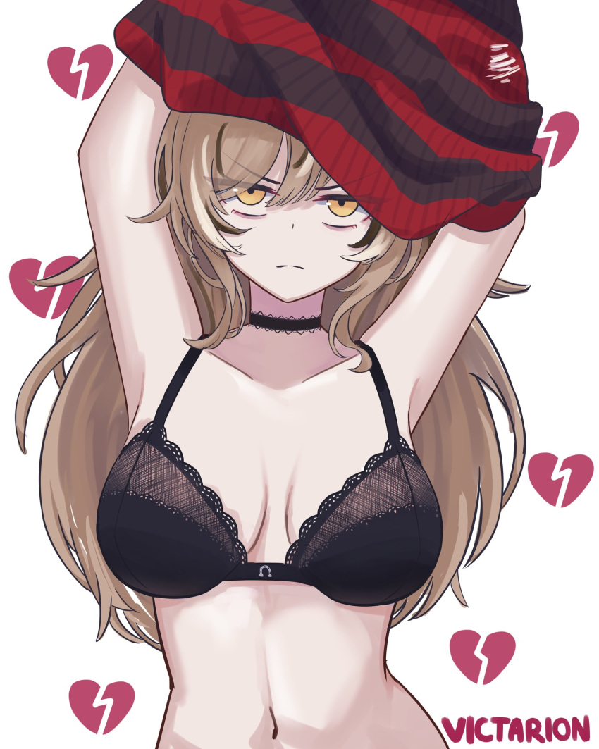 1girl artist_name black_bra black_choker black_hair black_sweater bra broken_heart brown_eyes brown_hair choker collarbone extetvictarion heart highres hololive hololive_english lace lace_choker long_hair nanashi_mumei nanashi_mumei_(emo) navel red_sweater solo striped_clothes striped_sweater sweater two-tone_sweater underwear undressing virtual_youtuber white_hair