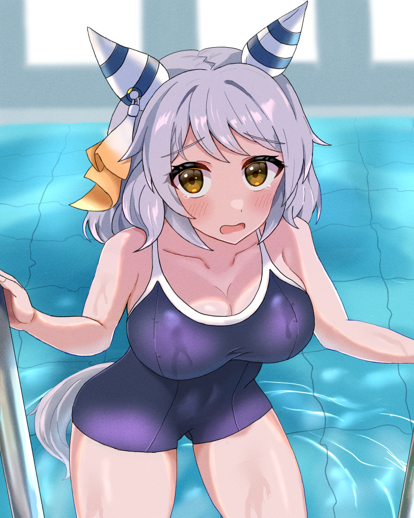 1girl absurdres animal_ears ass_visible_through_thighs backlighting blue_one-piece_swimsuit blurry blurry_background blush breasts cleavage climbing collarbone commentary_request competition_school_swimsuit cowboy_shot crying crying_with_eyes_open day depth_of_field ear_covers ear_ribbon grey_hair highres hishi_miracle_(umamusume) horse_ears horse_girl horse_tail indoors large_breasts leaning_forward looking_at_viewer medium_hair o-ring official_alternate_costume omochimaki one-piece_swimsuit open_mouth pool pool_ladder raised_eyebrows ribbon school_swimsuit solo standing sunlight swimsuit tail taut_clothes taut_swimsuit tears thick_thighs thighs tracen_swimsuit umamusume wading water wet wet_clothes wet_swimsuit white_ribbon wide_hips window yellow_eyes yellow_ribbon