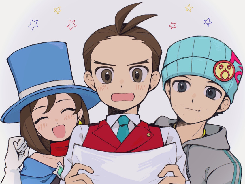 0tz026 1girl 2boys ace_attorney apollo_justice apollo_justice:_ace_attorney blue_hat blue_necktie brown_eyes brown_hair character_request closed_eyes closed_mouth dangle_earrings earrings gloves grey_eyes grey_hoodie hat highres holding holding_paper hood hoodie jewelry multiple_boys necktie open_mouth paper short_hair top_hat trucy_wright white_gloves