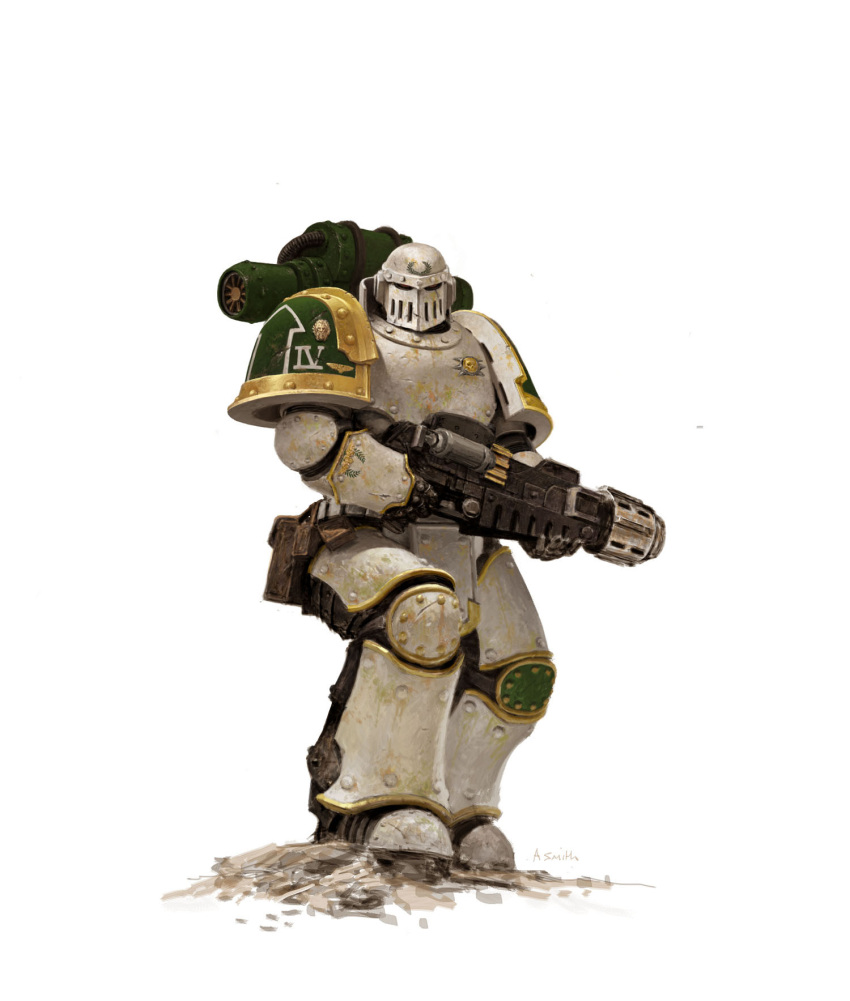 1boy adeptus_astartes adrian-smith armor armored_boots boots breastplate commentary couter cuirass death_guard english_commentary full_armor gauntlets greaves highres leg_armor male_focus official_art pauldrons pelvic_curtain poleyn power_armor rerebrace roman_numeral shoulder_armor simple_background solo warhammer_40k white_armor white_background