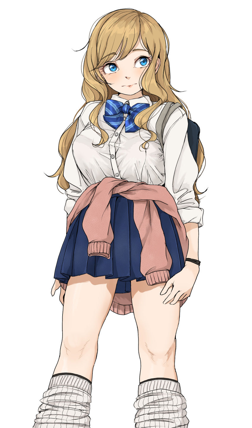 1girl absurdres bag blonde_hair blue_bow blue_bowtie blue_eyes blue_skirt blush bow bowtie breasts cardigan cardigan_around_waist clothes_around_waist diagonal-striped_bow diagonal-striped_bowtie diagonal-striped_clothes feet_out_of_frame gatsby_ssl gyaru highres idolmaster idolmaster_cinderella_girls kogal long_hair loose_socks medium_breasts ohtsuki_yui pink_cardigan pleated_skirt school_bag school_uniform shirt simple_background skirt socks solo striped_clothes very_long_hair white_background white_shirt white_socks