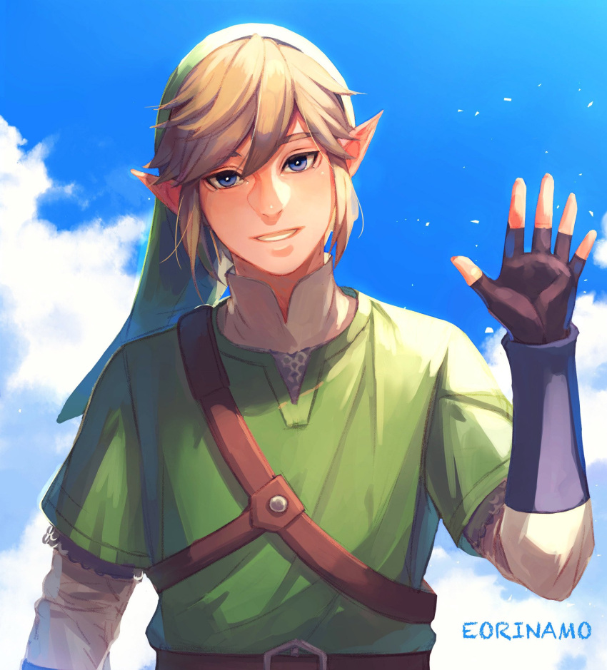 1boy armor artist_name black_gloves blonde_hair blue_sky chainmail cloud cloudy_sky collared_shirt eorinamo fingerless_gloves gloves green_hat green_tunic hair_between_eyes hand_up highres link long_sleeves looking_at_viewer male_focus parted_lips pointy_ears pointy_hat shirt short_hair sky smile solo the_legend_of_zelda the_legend_of_zelda:_skyward_sword upper_body waving white_shirt