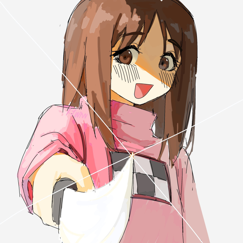 1girl :d aiming aiming_at_viewer azumanga_daioh blush brown_eyes brown_hair cosplay english_commentary glint highres holding holding_knife kasuga_ayumu kitchen_knife knife kyuunn long_hair long_sleeves madotsuki madotsuki_(cosplay) no_nose open_mouth print_sweater smile solo sweater turtleneck turtleneck_sweater upper_body white_background yume_nikki