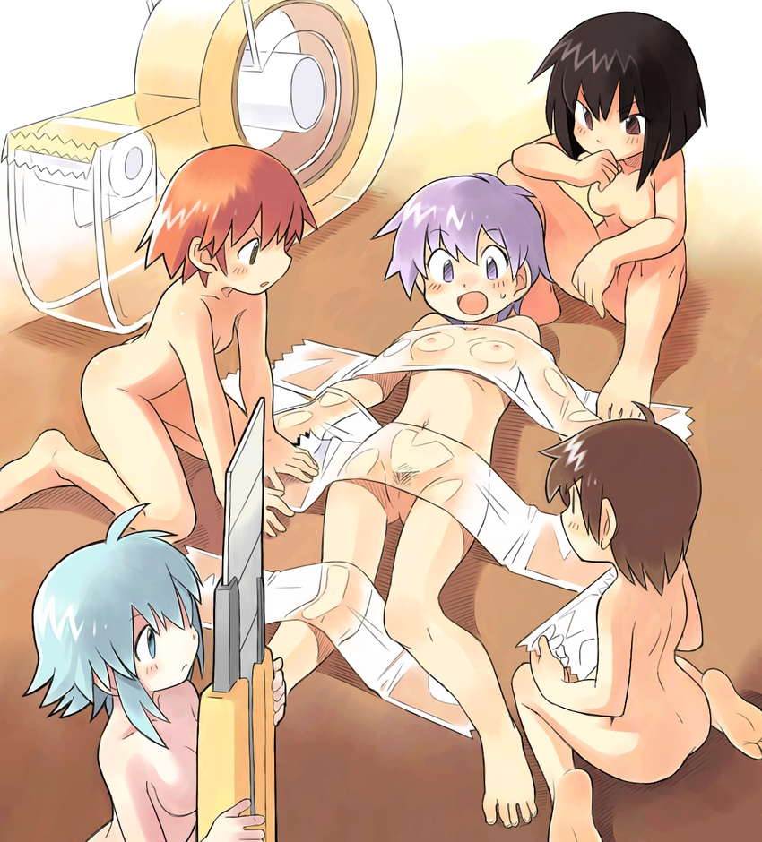 barefoot black_hair blue_eyes blue_hair boxcutter breasts brown_eyes brown_hair copyright_request flat_chest highres lying minigirl multiple_girls navel nipples no_nipples nude on_back oyatsu_(mk2) pubic_hair purple_eyes purple_hair pussy red_hair restrained short_hair sitting small_breasts soles sweatdrop tape toes