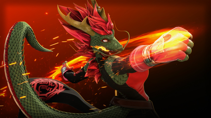 3d_(artwork) 5_fingers anthro blender_(software) bras_(petruz) breasts clothed clothing digital_media_(artwork) dragon eastern_dragon female fingerless_gloves fingers fire fist flaming_fist gloves green_body green_scales hair handwear hi_res humanoid_hands mythological_creature mythological_scalie mythology petruz petruz_(copyright) punch red_hair scales scalie solo tail teeth
