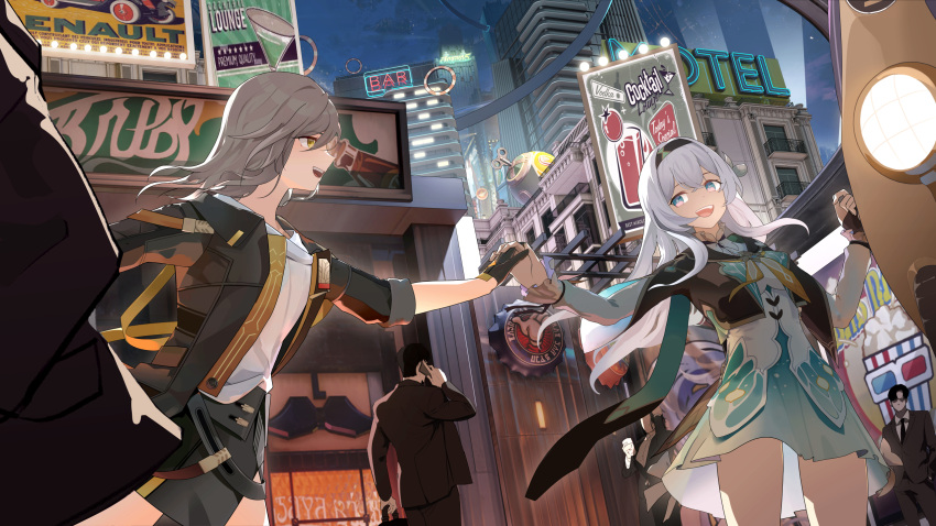 2girls black_gloves black_hairband black_jacket black_vest building city coat collared_shirt cropped_jacket fingerless_gloves firefly_(honkai:_star_rail) gloves green_skirt grey_hair hair_between_eyes hairband highres holding_hands honkai:_star_rail honkai_(series) jacket long_hair long_sleeves looking_at_another multiple_girls neckerchief open_clothes open_coat open_mouth orange_neckerchief ribbon ryeon_(bluetom1) shirt skirt smile stelle_(honkai:_star_rail) trailblazer_(honkai:_star_rail) two-tone_eyes vest yellow_eyes