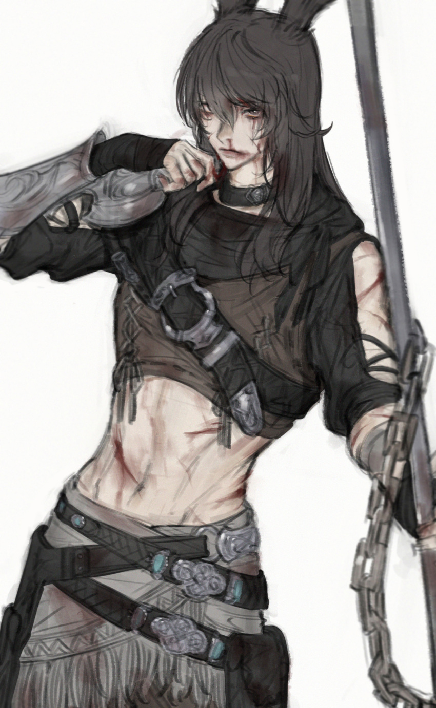 1boy animal_ears black_eyes black_hair blood blood_on_face chain chest_belt closed_mouth final_fantasy final_fantasy_xiv hand_up highres injury long_hair looking_at_viewer male_focus midriff rabbit_ears simple_background solo standing tladpwl03 toned toned_male viera warrior_of_light_(ff14) white_background