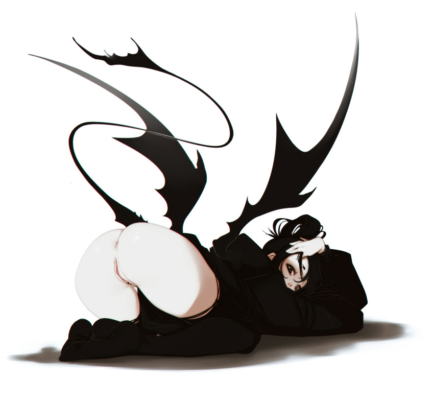 1girl anus ass bent_over black_eyes black_eyeshadow black_hair black_hoodie black_tail black_thighhighs black_wings clitoris_piercing demon_girl demon_tail demon_wings eyeshadow hand_on_own_head head_on_arm head_rest highres hood hoodie host_(obj_shep) kneeling long_hair makeup naked_hoodie non-web_source obj_shep original pale_skin piercing pussy pussy_piercing shadow simple_background solo straight_hair tail thighhighs top-down_bottom-up torn_clothes torn_thighhighs variant_set white_background wings