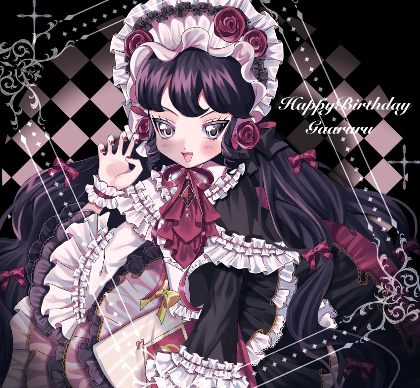 1girl :d ascot black_hair bonnet character_name checkered_clothes commentary_request cowboy_shot dress flower frilled_dress frilled_sleeves frills gaaruru_(pripara) gothic_lolita hand_up happy_birthday highres lolita_fashion long_hair long_sleeves looking_at_viewer nail_polish open_mouth pretty_series pripara red_ascot red_flower red_nails red_rose rose sidelocks smile solo two-tone_dress wide_sleeves wrist_cuffs yuni_(ramm_sweet)