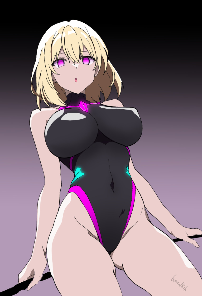 1girl :o arms_at_sides artist_name ass_visible_through_thighs bare_arms bare_shoulders batta_16-sei black_leotard blonde_hair breasts contrapposto covered_navel cowboy_shot empty_eyes glowing gradient_background groin hair_between_eyes highleg highleg_leotard highres impossible_clothes large_breasts leotard looking_at_viewer medium_hair open_mouth original pink_eyes solo