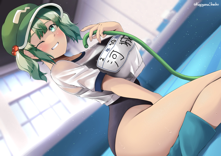 1girl black_one-piece_swimsuit blue_eyes blue_nails blush boots breasts commentary_request crop_top crop_top_overhang dutch_angle flat_cap full_body green_hair grin gym_uniform hair_bobbles hair_ornament hat highres holding holding_hose hose indoors kagiyama_shachou kawashiro_nitori large_breasts light_particles looking_at_viewer medium_hair one-piece_swimsuit one_eye_closed school_swimsuit see-through see-through_shirt shirt sidelocks sitting smile solo sweat swimsuit swimsuit_under_clothes touhou two_side_up wariza wet wet_clothes wet_shirt white_shirt window