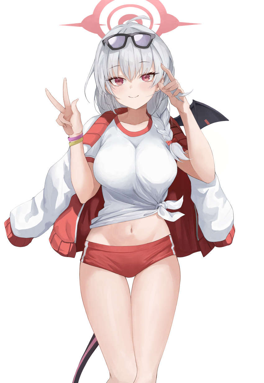 1girl absurdres black_wings blue_archive breasts buruma closed_mouth english_commentary eyewear_on_head feet_out_of_frame grey_hair gym_uniform halo hands_up haruna_(blue_archive) haruna_(track)_(blue_archive) highres jacket jacket_on_shoulders large_breasts long_hair looking_at_viewer micro_shorts midriff navel official_alternate_costume red_eyes red_halo shirt shorts sideboob simple_background single_wing smile solo straight-on styrovle tied_shirt w white_background white_jacket white_shirt wings