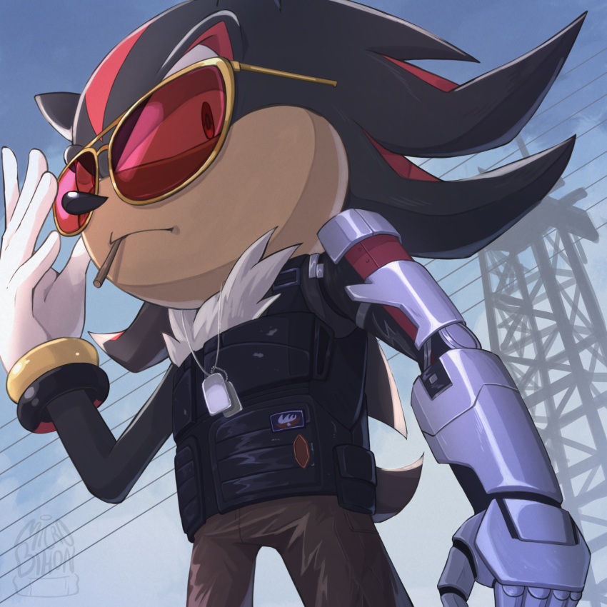 1boy alternate_costume black_fur black_vest brown_pants cigarette cosplay crossover cyberpunk_(series) cyberpunk_2077 day dog_tags furry furry_male gloves highres johnny_silverhand johnny_silverhand_(cosplay) looking_at_viewer mechanical_arms microbihon outdoors pants red-tinted_eyewear red_fur shadow_the_hedgehog single_mechanical_arm solo sonic_(series) sunglasses tinted_eyewear transmission_tower two-tone_fur vest white_gloves yellow-framed_eyewear