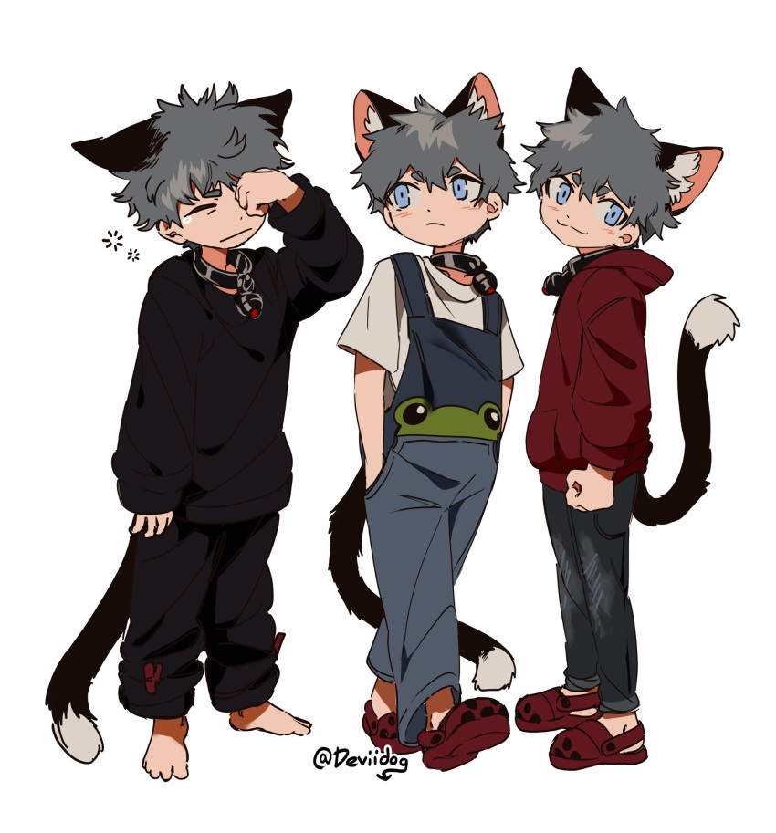 1boy :3 animal_collar animal_ear_fluff animal_ears artist_name baggy_clothes baggy_pants black_collar black_pants blue_eyes blue_overalls cat_ears cat_tail closed_eyes closed_mouth collar commentary crocs deviidog0 ears_down full_body hand_up hands_in_pockets highres hood hood_down hoodie long_sleeves looking_at_viewer male_focus multiple_views original overalls pants red_footwear red_hoodie rubbing_eyes shirt short_eyebrows simple_background sleepy sleeves_past_wrists squeans symbol-only_commentary tail twitter_username walking white_background white_shirt