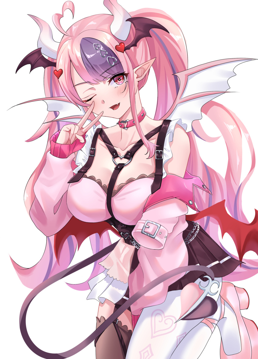 1girl ahoge blush breasts choker cleavage collarbone commentary demon_girl demon_horns demon_tail fang hair_ornament heart heart_ahoge heart_hair_ornament heart_o-ring highres horns ironmouse ironmouse_(13th_costume) jacket long_hair long_sleeves looking_at_viewer multicolored_hair off_shoulder one_eye_closed open_clothes open_jacket open_mouth pink_choker pink_eyes pink_hair pointy_ears purple_hair skirt smile solo standing standing_on_one_leg strap streaked_hair tail twintails uyufuzi_s very_long_hair virtual_youtuber vshojo white_background wings
