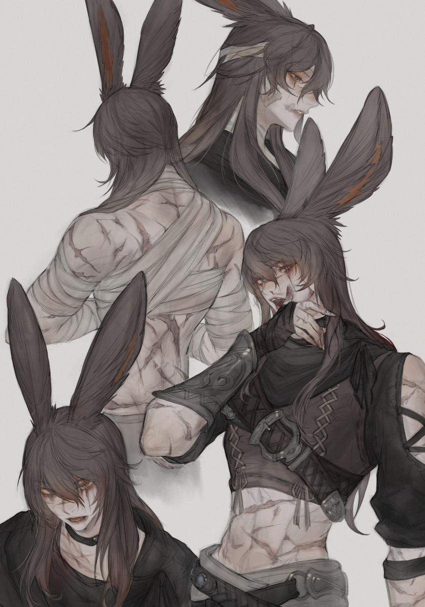 1boy absurdres animal_ears bandaged_chest bandaged_head bandages belt black_scarf brown_hair chest_belt final_fantasy final_fantasy_xiv grey_background grey_eyes highres looking_at_viewer midriff multiple_views open_mouth rabbit_ears scar scar_across_eye scar_on_face scar_on_nose scarf simple_background tladpwl03 too_many too_many_scars viera warrior_of_light_(ff14)