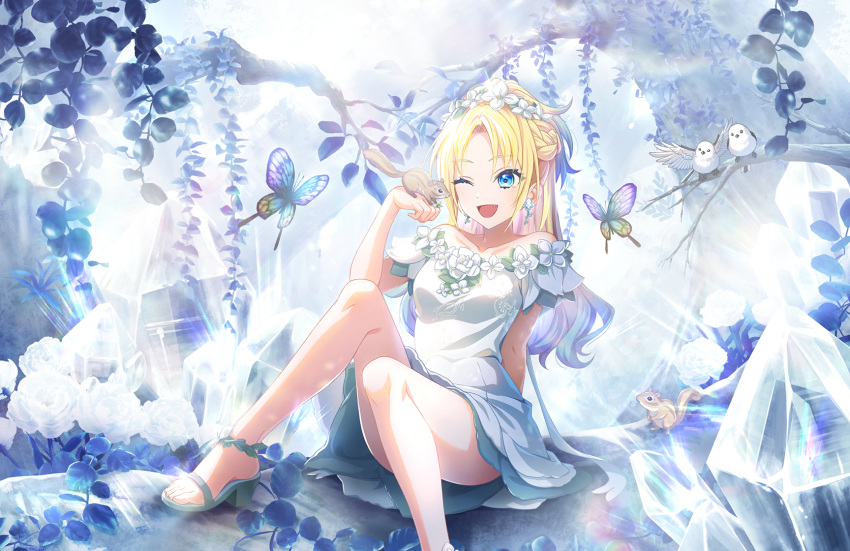 1girl ;d animal_on_hand arm_behind_back bird blonde_hair blue_eyes blue_hair braid breasts bug butterfly collarbone convenient_leg crystal dress dress_flower earrings fang flower flower_earrings french_braid game_cg gradient_hair hair_flower hair_ornament half_updo hand_up highres jewelry knees_up light_blue_hair link!_like!_love_live! long_hair looking_at_animal love_live! medium_breasts multicolored_hair off-shoulder_dress off_shoulder official_art one_eye_closed open_mouth osawa_rurino parted_bangs sandals short_dress sitting smile solo squirrel third-party_source twintails virtual_youtuber white_bird white_dress white_flower