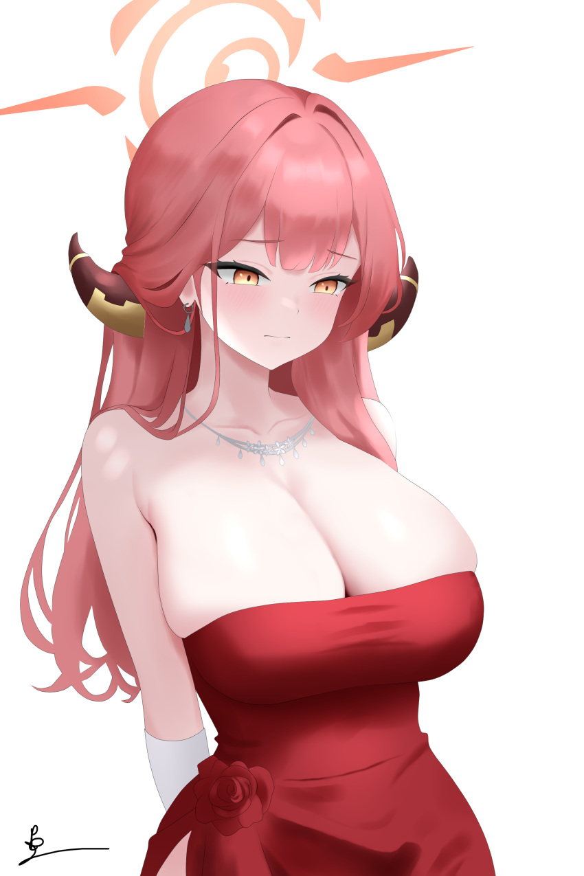 1girl absurdres arms_behind_back aru_(blue_archive) aru_(dress)_(blue_archive) blue_archive blush breasts cleavage collarbone commentary demon_horns dress gloves halo highres horns huge_breasts official_alternate_costume pink_hair potgit red_dress signature simple_background skindentation solo strapless strapless_dress white_background white_gloves