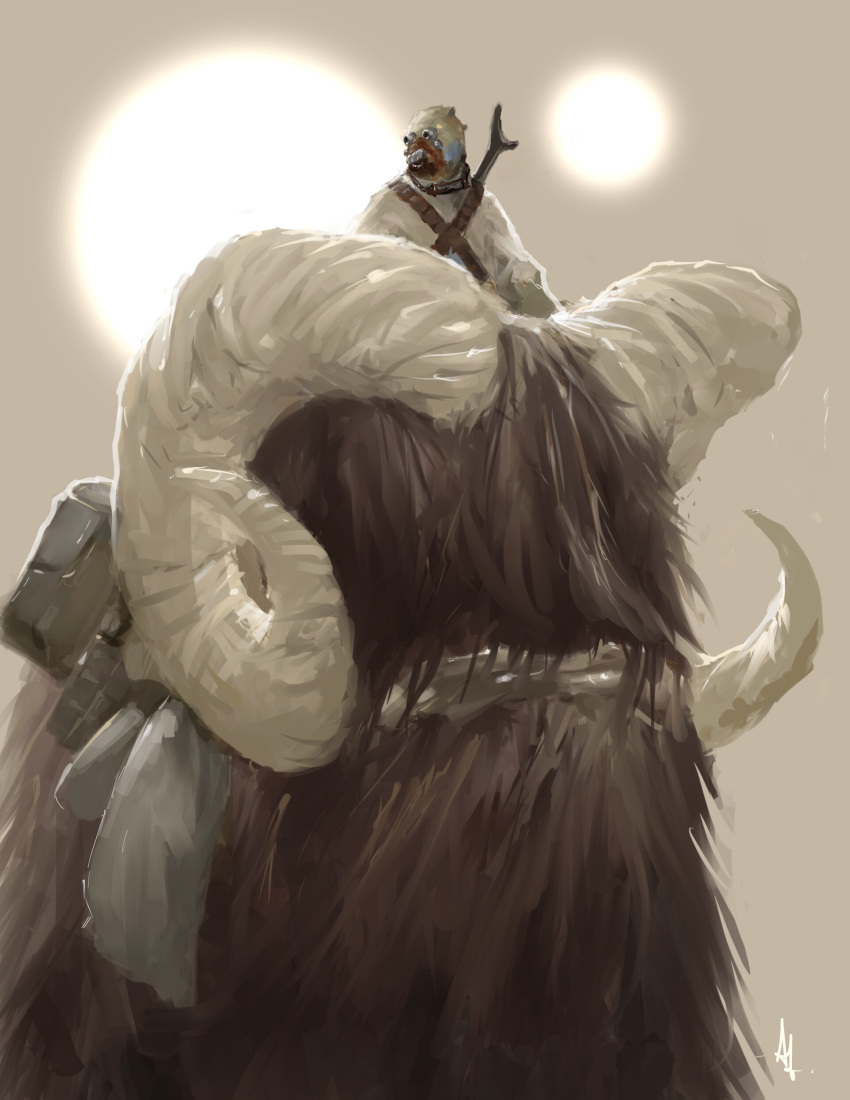 absurd_res alex_lopez ambiguous_gender bantha_(species) brown_body brown_fur duo fur hi_res horn humanoid science_fiction star_wars sun tatooine tusken_raider weapon