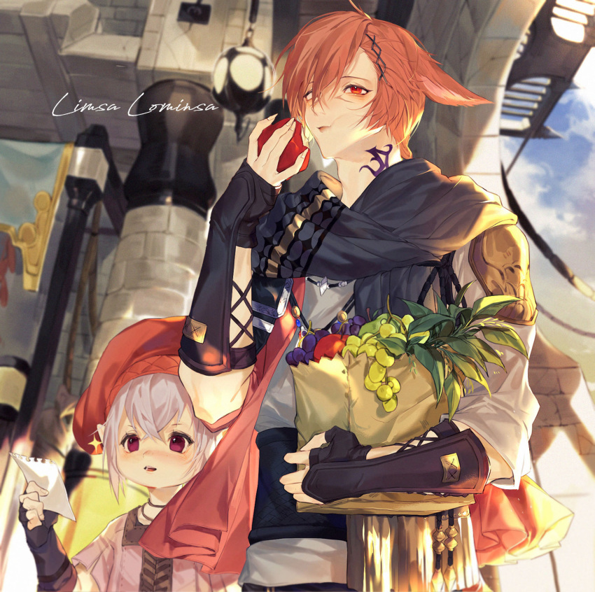 1boy 1girl :t apple bag black_scarf closed_mouth ears_down eating final_fantasy final_fantasy_xiv food fruit g'raha_tia grapes hair_ornament hairclip highres holding holding_food holding_fruit lalafell limsa_lominsa open_mouth outdoors paper_bag red_eyes red_hair red_hat scarf shirt sparkle tataru_taru tladpwl03 white_shirt x_hair_ornament