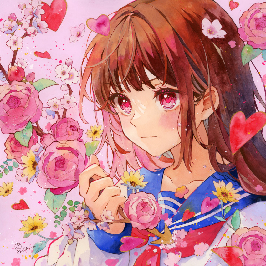 1girl absurdres blush closed_mouth flower flower_on_head heart heart_in_eye highres holding holding_flower original red_eyes red_flower red_hair red_rose rose solo symbol_in_eye tagme upper_body yuyuharu_1027