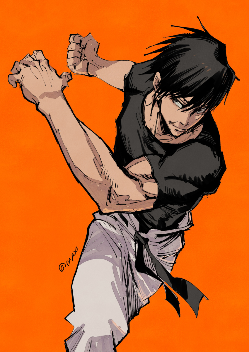 1boy absurdres bandaid bandaid_on_face black_hair black_shirt clenched_hand commentary_request cowboy_shot fushiguro_touji highres incoming_attack jujutsu_kaisen looking_to_the_side male_focus max801115 muscular orange_background pants shirt short_hair simple_background solo t-shirt twitter_username white_pants