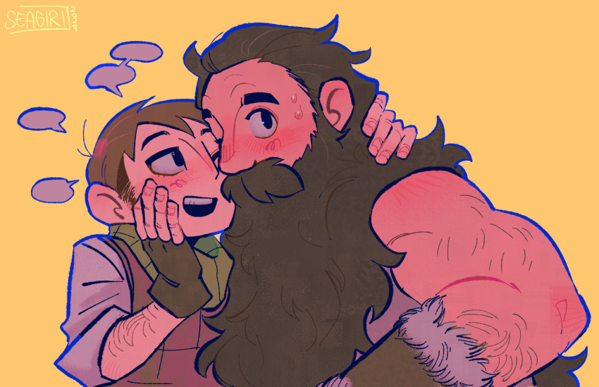 2boys alternate_facial_hair bara beard blank_speech_bubble blush brown_hair chilchuck_tims couple dungeon_meshi dwarf facial_hair hairy heads_together highres interracial long_beard male_focus multiple_boys one_eye_closed plump seagiri senshi_(dungeon_meshi) sideburns_stubble smile sparse_arm_hair speech_bubble stubble thick_mustache upper_body very_long_beard whispering yaoi