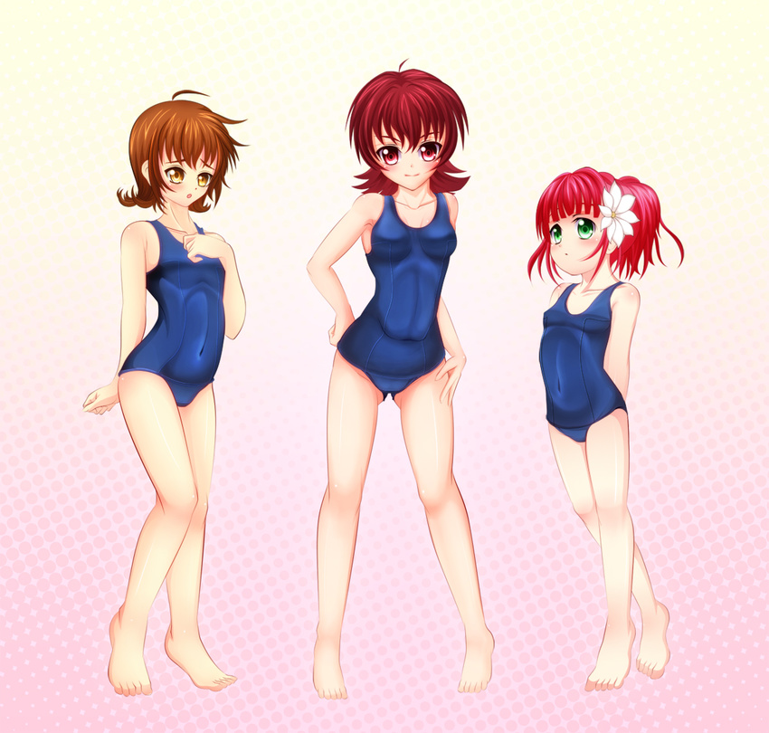 3girls alfa_system annie_barrs breasts brown_hair flower green_eyes iria_animi multiple_girls pink_hair red_eyes red_hair rubia_natwick short_hair swimsuit tales_of_(series) tales_of_innocence tales_of_rebirth tales_of_the_tempest yellow_eyes