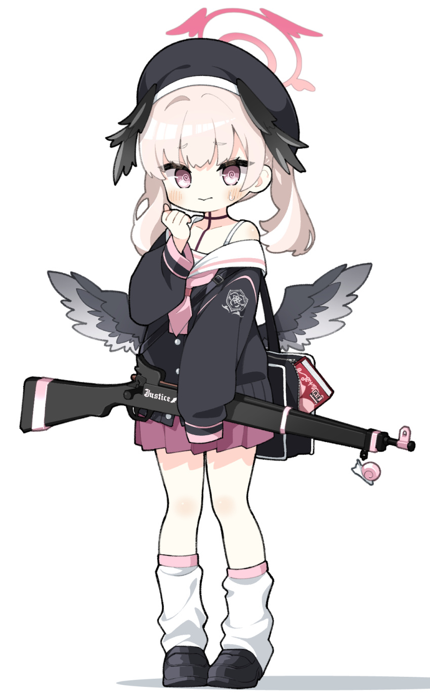 1girl @_@ baggy_socks beret black_bag black_footwear black_shirt black_wings blue_archive blush bolt_action book chibi closed_mouth commentary content_rating feathered_wings gun halo hat head_wings highres holding holding_weapon koharu_(blue_archive) konori_(ahurerukuiizi) long_sleeves looking_at_viewer low_wings miniskirt neckerchief p14_enfield pink_eyes pink_hair pink_halo pink_neckerchief pleated_skirt puffy_long_sleeves puffy_sleeves red_skirt rifle sailor_collar shirt simple_background single_bare_shoulder skirt socks solo spaghetti_strap standing symbol-only_commentary twintails weapon white_background white_sailor_collar white_socks winged_halo wings