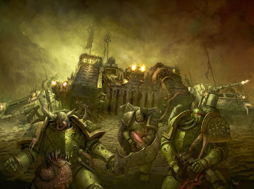 3boys adeptus_astartes armor armored_boots body_horror boots breastplate bug chaos_(warhammer) chaos_space_marine commentary couter cuirass death_guard english_commentary faresmaese firing flag full_armor gauntlets greaves green_armor guro highres leg_armor military_vehicle monster motor_vehicle multiple_boys nurgle official_art pauldrons plague_marine poleyn power_armor rerebrace shoulder_armor signature skull tank warhammer_40k