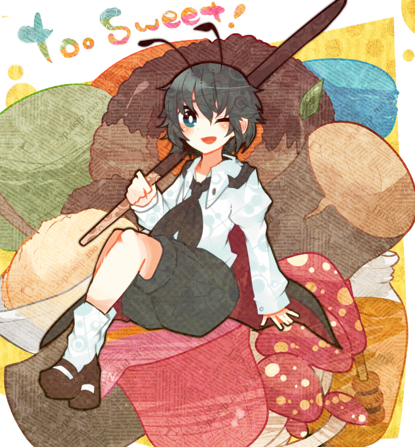 antennae bad_id bad_pixiv_id cape chocolate doughnut food green_eyes green_hair highres honey honey_dipper ice_cream itomugi-kun macaron mushroom nut_(food) one_eye_closed open_mouth pocky shirt short_hair shorts sitting smile solo touhou wood wriggle_nightbug