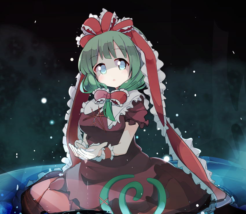 1girl aqua_eyes bow dress frilled_bow frilled_dress frilled_ribbon frills front_ponytail green_hair hair_bow hair_ribbon highres kagiyama_hina looking_at_viewer pachio_(patioglass) puffy_short_sleeves puffy_sleeves red_bow red_dress red_ribbon ribbon short_sleeves solo touhou